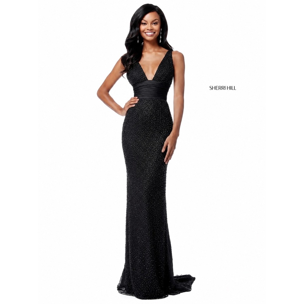 Sherri Hill 51641 Black Beaded V-Neck Gown NWT‎ Size 0 $798